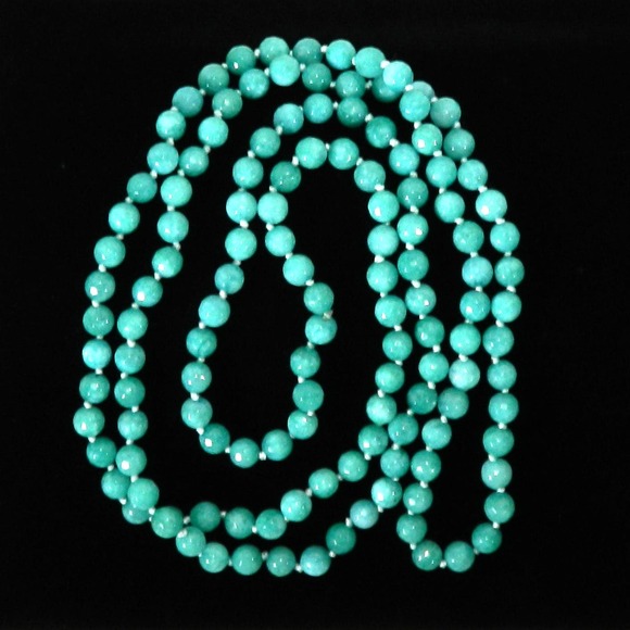 Opera Length Silk Knotted Faceted Green Stone Bead Necklace - Picture 3 of 9